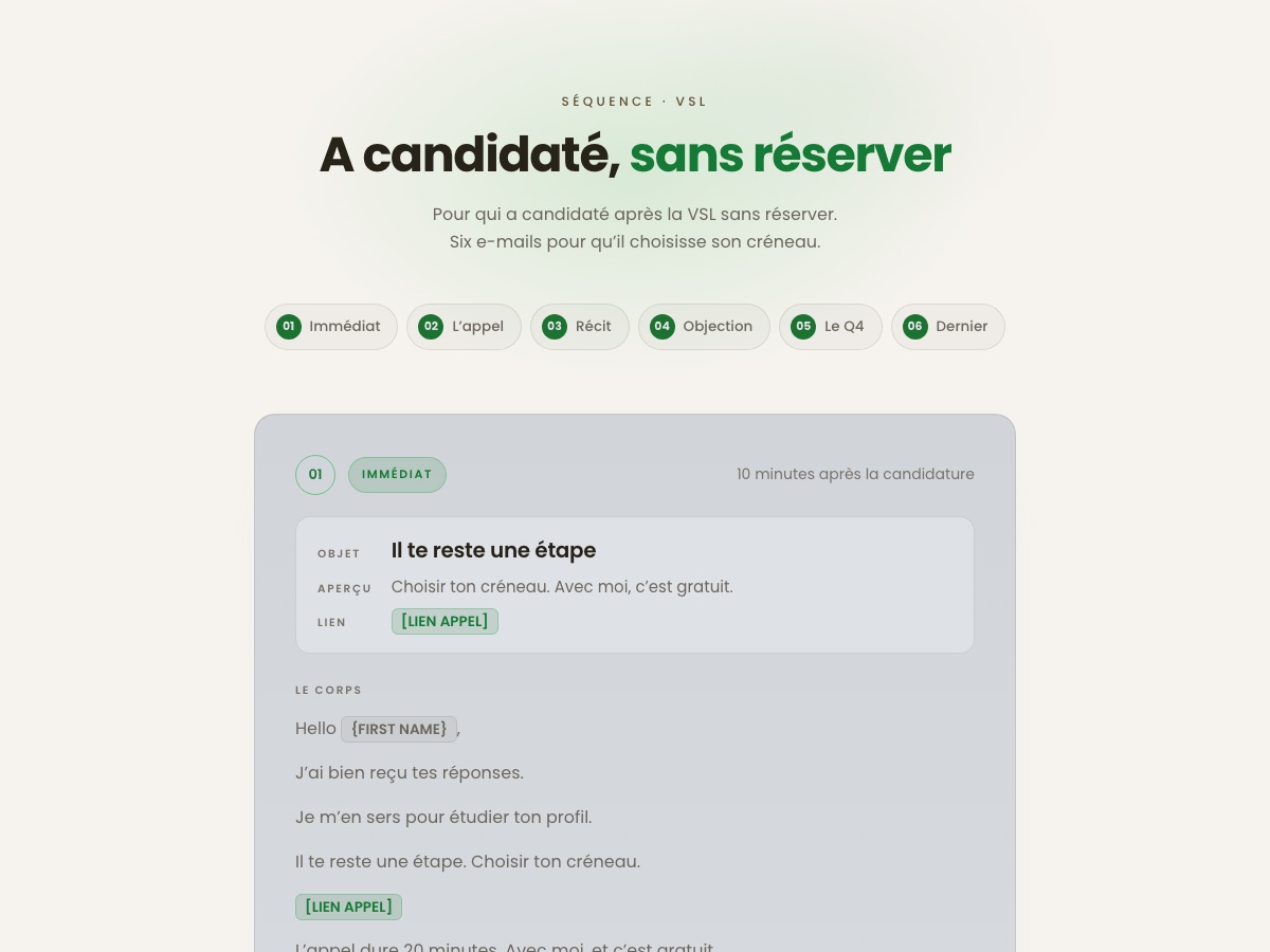 Aperçu de la séquence candidature sans créneau