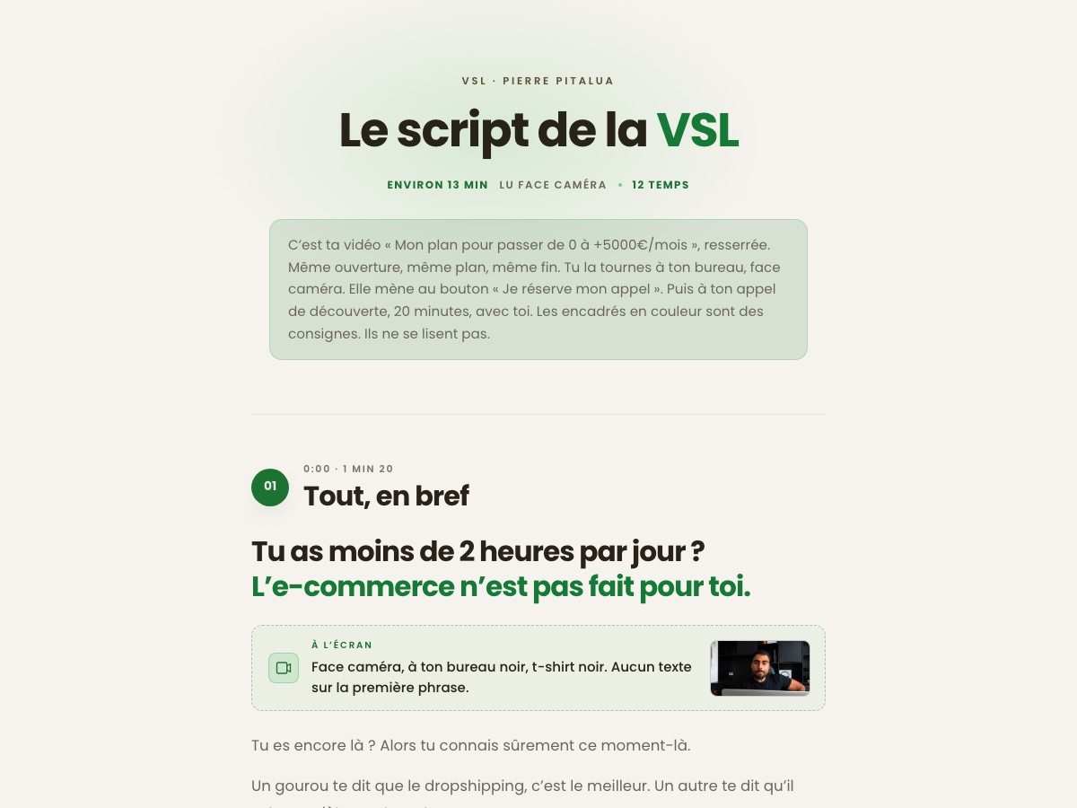 Aperçu du script de la VSL